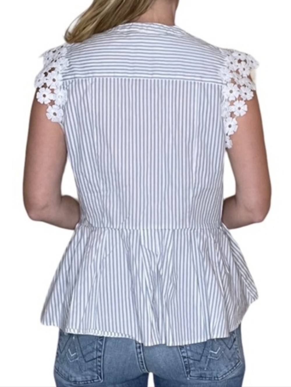 Maison Cinqcent Floral Lace Trim Cotton Cap Sleeve Blouse - Picture 10 of 10